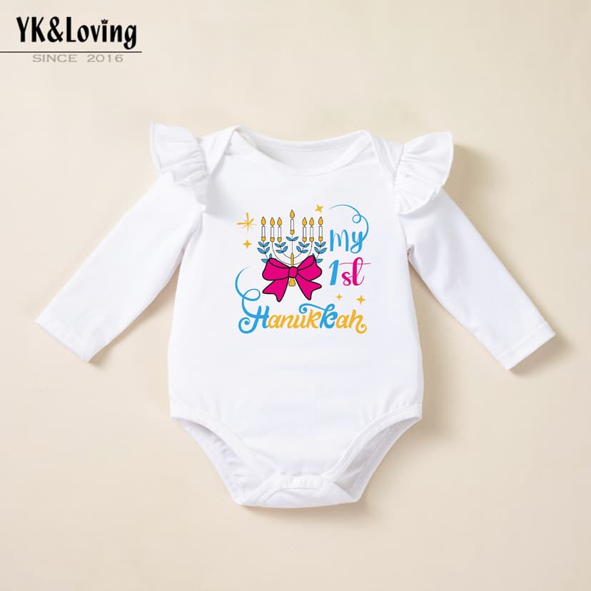 Autumn and Winter Long-Sleeved Children's Clothing Wholesale Hanukkah Baby Girl Party Clothes Printed Flutter Sleeve Romper Baby Romper Crawling Clothes