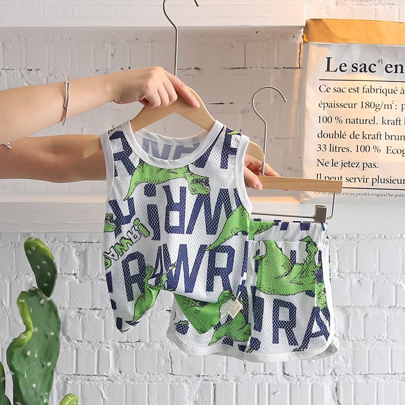 Children's Cartoon Clothing Short-sleeved Set Boys Summer Wear Girls Summer Thin Mesh Baby Vest Breathable Two-piece Set