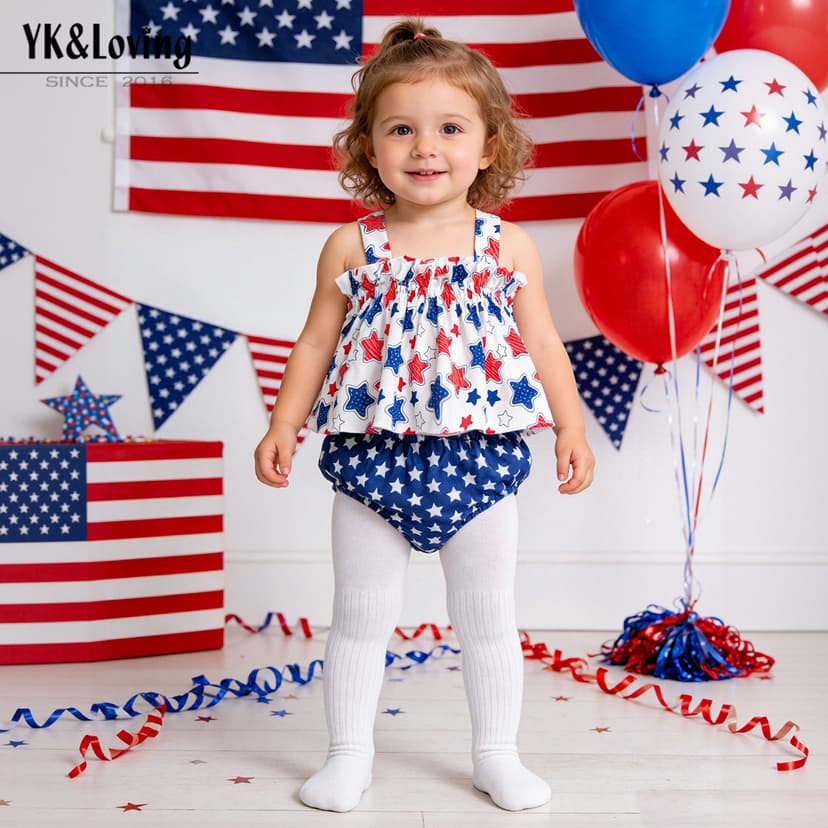 Factory direct 2-piece independent day baby dress printed star suspender skirt pp pants suit baby party clothes
