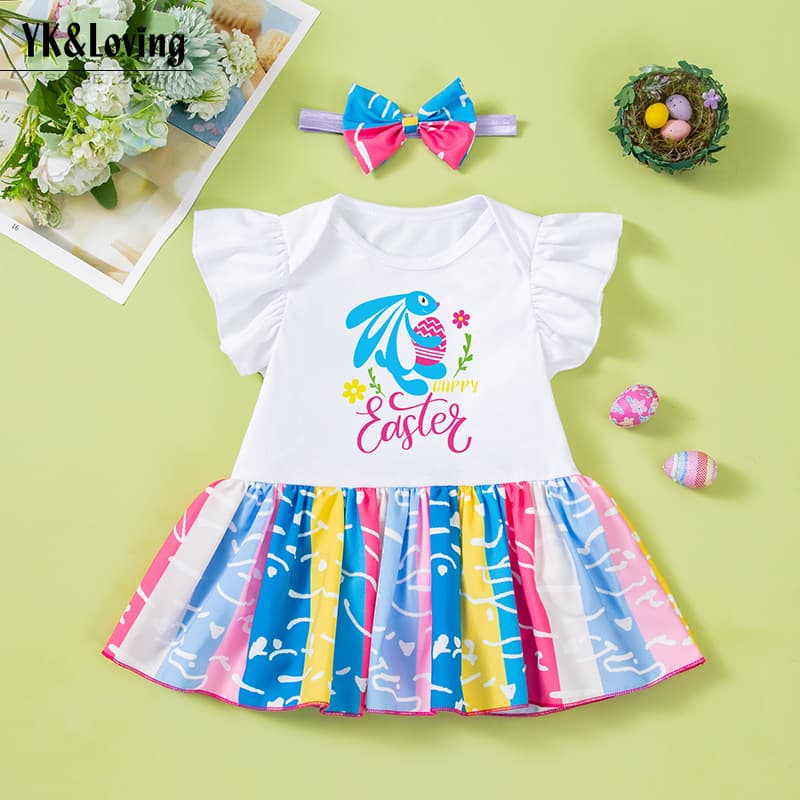 2025 New Baby Easter Flying Sleeve Cover-Up Dress Hair Accessories 2-Piece Set Printed Rabbit Egg Dress