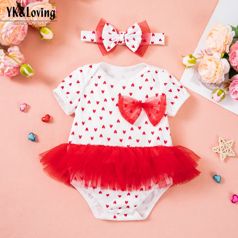 New Valentine's Day Baby Girl Clothing Short-Sleeved Printed Heart Mesh Patchwork Romper Dress Headband Set