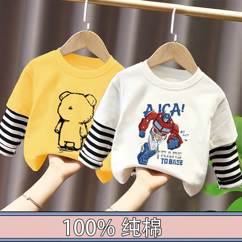 Baby Boy Pure Cotton Long-Sleeved T-Shirt 2025 New Kidsren's Spring & Fall Bottoming Shirt Boy's Cotton Top Fake Two-Piece t