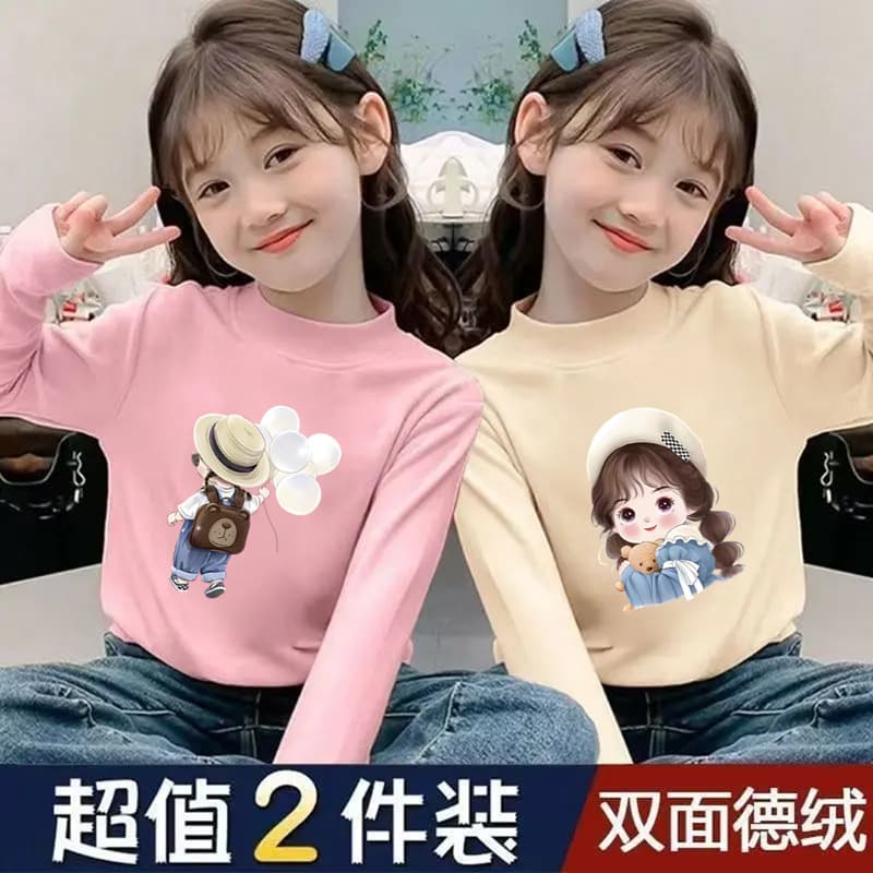 Girls' Half-High Collar Thermal Base Layer Thickened Autumn and Winter Children's Inner Wear Baby Girl's Autumn Top Brushed Warm Top