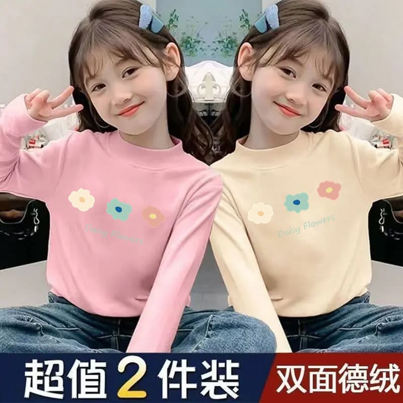 Y2583 # Double-Sided Velvet Bottoming Shirt for Middle-Aged and Older Girls in Autumn and Winter, Thickeneded Long-Sleeved T-Shirt, Half Turtleneck Inner Top