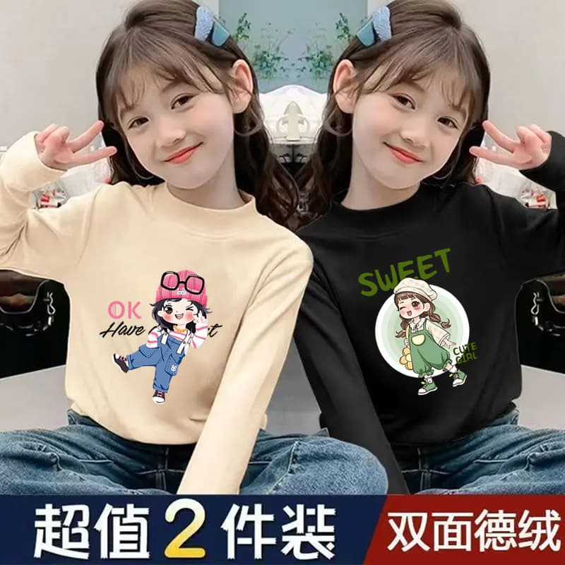 Girls' Half-High Collar Thermal Base Shirt, New Autumn and Winter Style for Children, Trendy Thickened Top, Casual Clothing
