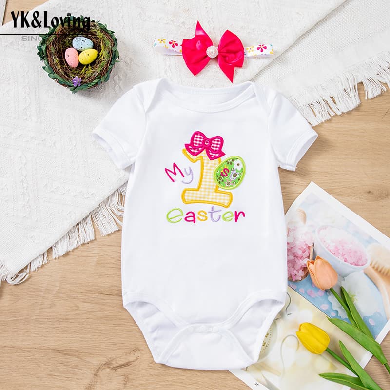 Cross-Border Children's Clothing Easter Baby Clothing Embroidered Egg Short-Sleeved Clothing and Hair Accessories 2-Piece Party Suit