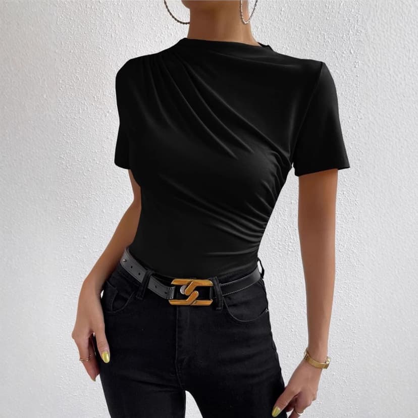 Short-sleeved T-shirt European and American Cross-border Short-sleeved French Temperament Slimming Women's Casual Pleated Round Neck T-shirt