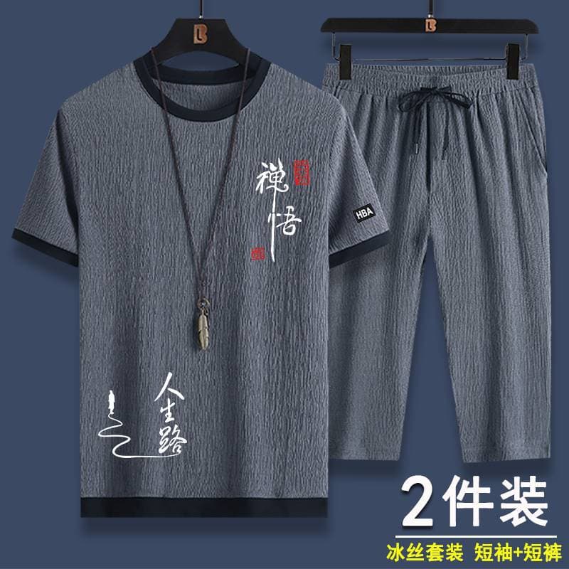 Summer Casual Sports suit Men's Ice Silk Short-sleeved T-shirt Shorts A Set of Men's Fashion Two-piece Set