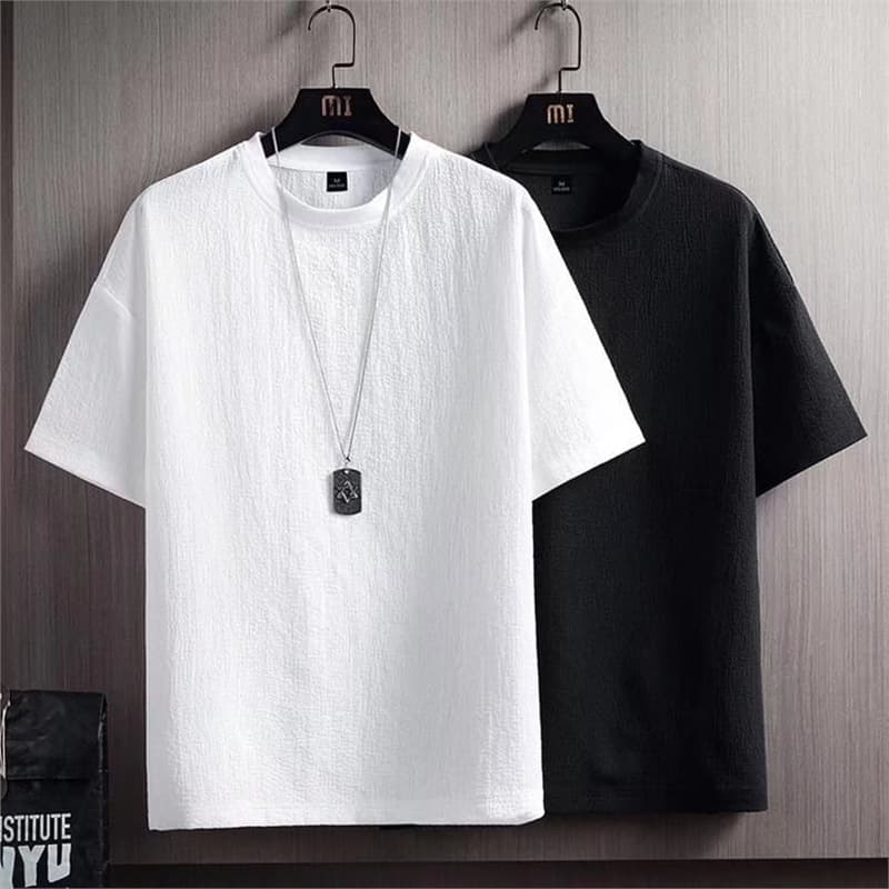 Summer New Men's Japanese Style Short-Sleeve T-Shirt Half-Sleeve Round Neck Solid Color Loose Simple White Five-Point Sleeve