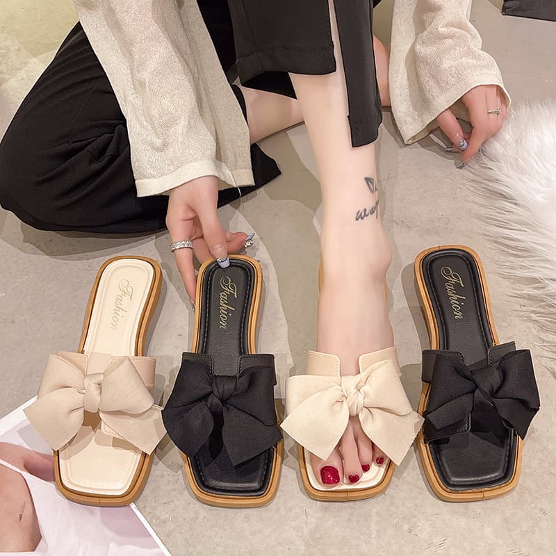 2025 New Bow Slippers Women's Summer Flat Outerwear Casual Fairy Style Beach Versatile One-Line Sandals