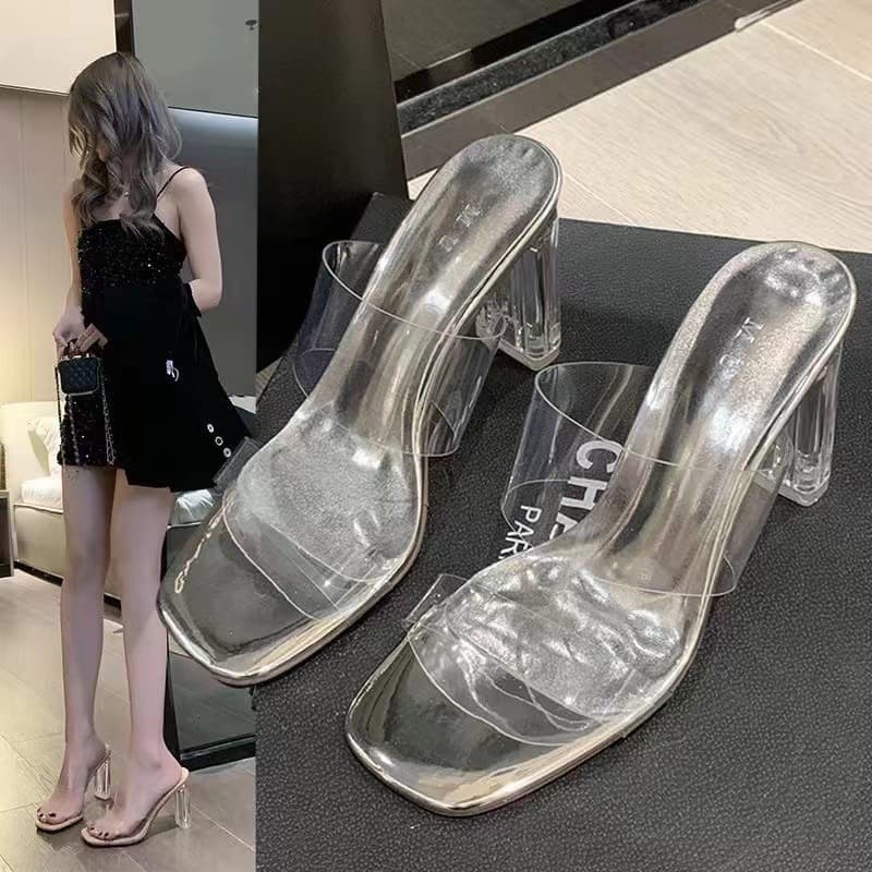 Large Size Transparent High Heels for Women 2024 Summer New Style One-Line High-Heeled Slippers Crystal Heel Thick Heel Sandals for Women