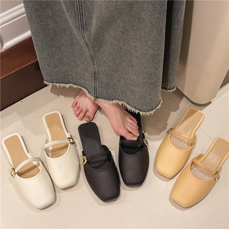 French Baotou Half Slippers for Women's Outer Wear 2025 Spring and Summer New Versatile Soft Leather Mule Shoes Mary Jane Shoes Low Heel