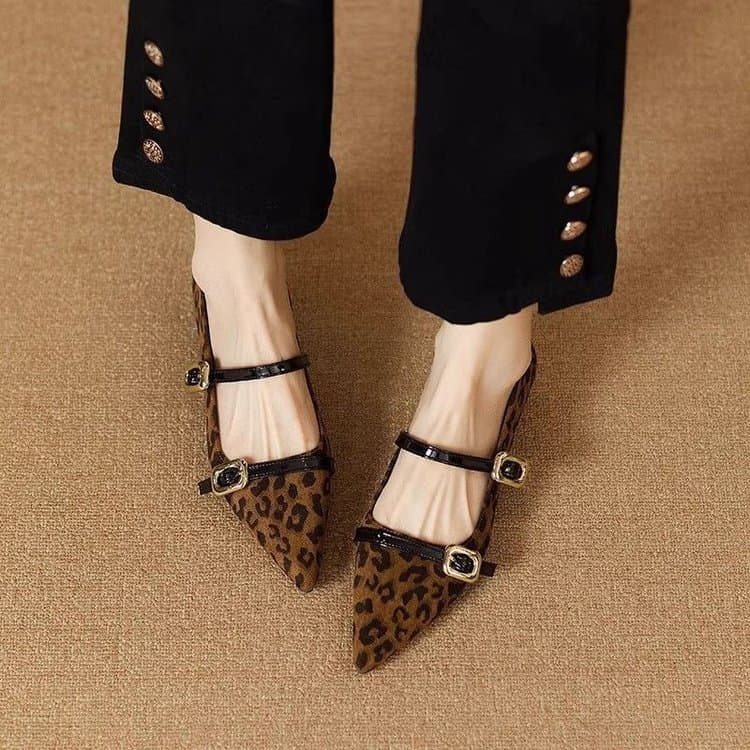 French-Style Pointed Leopard Mary Jane Shoes 2025 Autumn New Black Elegant Fashion Single Strap Flat Shoes for Women