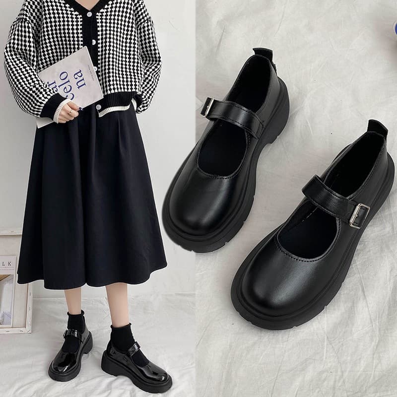 High Heels Women's 2025 Autum New Round Toe Thick Heel Versatile Retro Japanese Style Small Leather Shoes Black Mary Jane Shoes