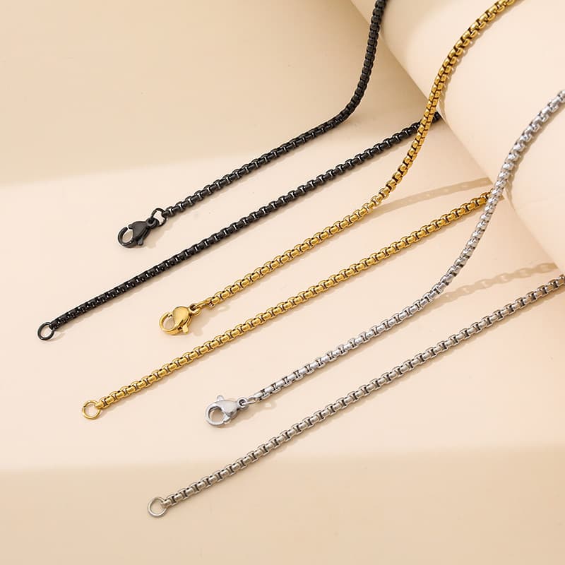 Stainless Steel Chain Square Pearl Chain Men's Necklace Trendy Hip-Hop Titanium Steel Jewelry Chain Plated with Real Gold Cross-Border Hot Sale
