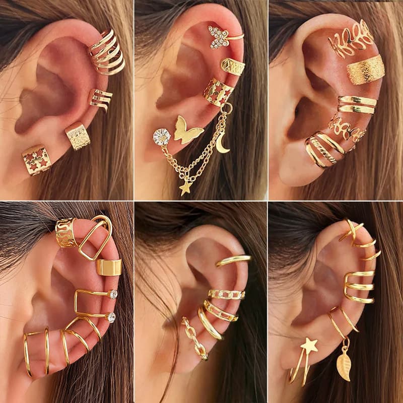 European and American five pieces suit rhinestone butterfly hollow non-perforated cartilage earrings fashion star and moon one-piece chain ear clip