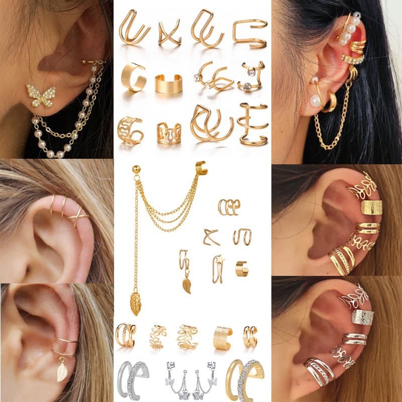 European and American Style Non-Pierced Earrings Set, Silver C-Shaped Geometric Earrings, Multi-Piece Set of Ear Clips for Women, High-End Gold Color