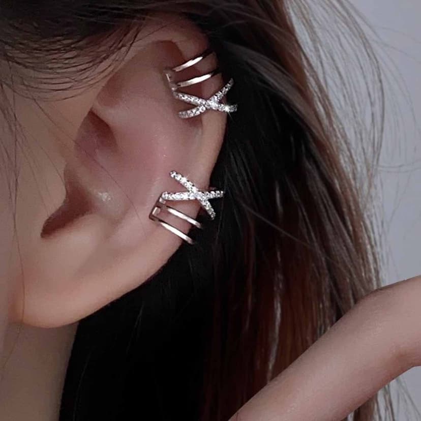 New Double-Layer Line Ear Clip for Women, High-End Niche Design Ear Bone Clip Cross Pierced Earrings Gold Silver