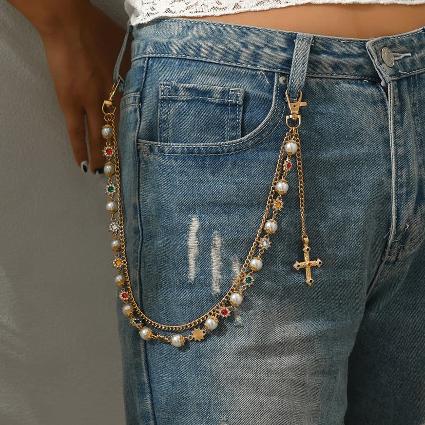 European and American Cross-Border Design Imitation Pearl Multi-Layer Chain Pants Chain with Jeans Colorful Diamond Cross Pendant Waist Chain