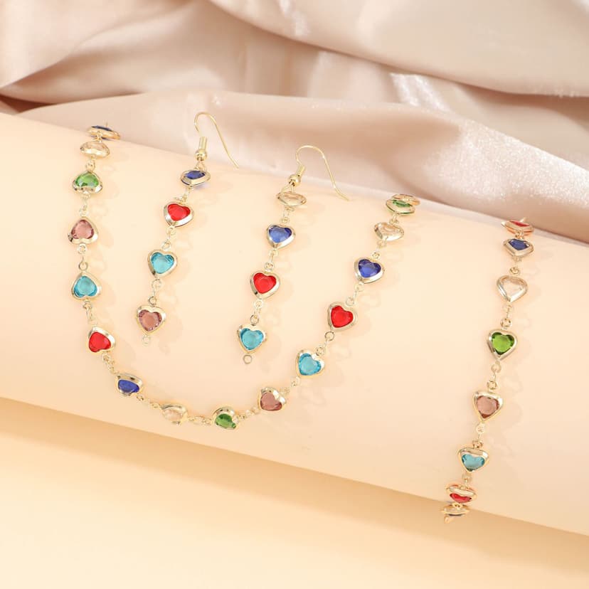 Fashion New European and American Color Love Jewelry suit Women Candy Color Heart Shaped Zircon Sweet Necklace Bracelet Earrings