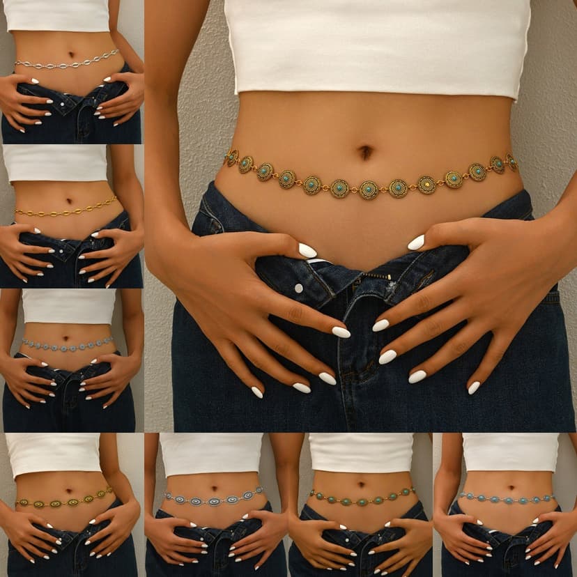 Cross-Border Export Hot Sale Bohemian Retro Waist Chain Imitation Turquoise Alloy Belt Carved Decorative Body Chain for Women