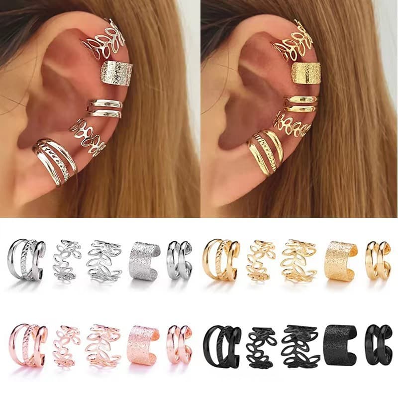 Shein Simple Non-Pierced Ear Cuff Five-Piece Set Personalized Gold Leaf Hollow Earrings C-Shaped Ear Clip Earrings