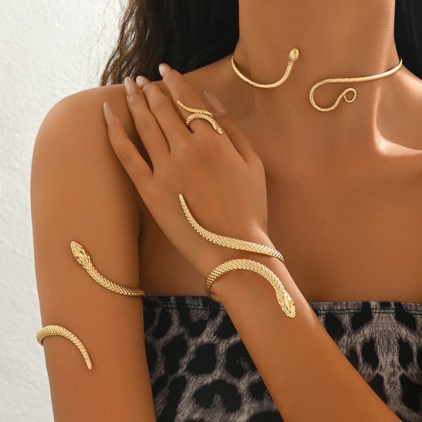 Temu Cross-Border Hot Sale Retro Exaggerated High-End Metal Snake Open Arm Ring Necklace Ring Jewelry Set