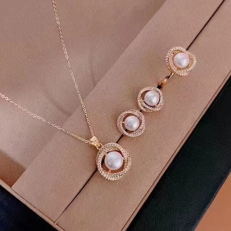 2025 New Flower Rich Petal Necklace Ring Earrings suit Wrap Pearl Light Luxury Jewelry Clavicle Chain