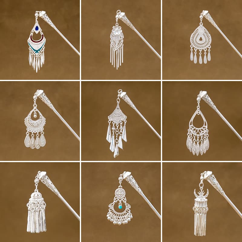 New Chinese-style Miao Silver Geometric Hollow Tassel Hairpin National Tide Drop-shaped Oil Drop Hair Hairpin Hanfu Disc Accessories for Women