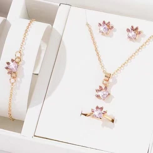 Cross-border new simple cat claw heart-shaped pet footprints necklace stud earrings bracelet ring suit women's jewelry gift