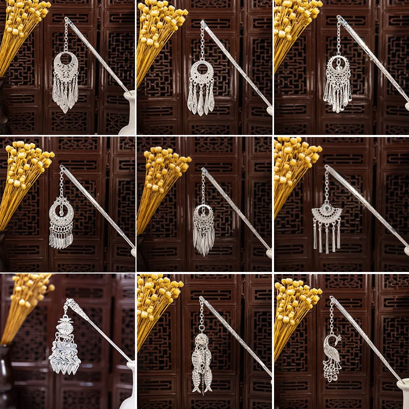 Retro Peacock Tassel Antique Cheongsam Hanfu Hair Accessories New Chinese Style Miao Silver Geometric Hollow Step Tassel Hairpin