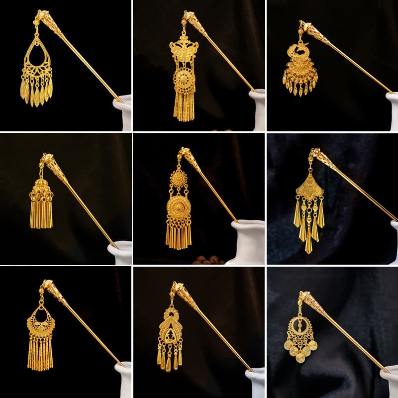 National Tide Ethnic Style Water Drop Leaves Round Hanfu Accessories Hairpin Women's New Chinese Geometric Hollow Tassel Hairpin