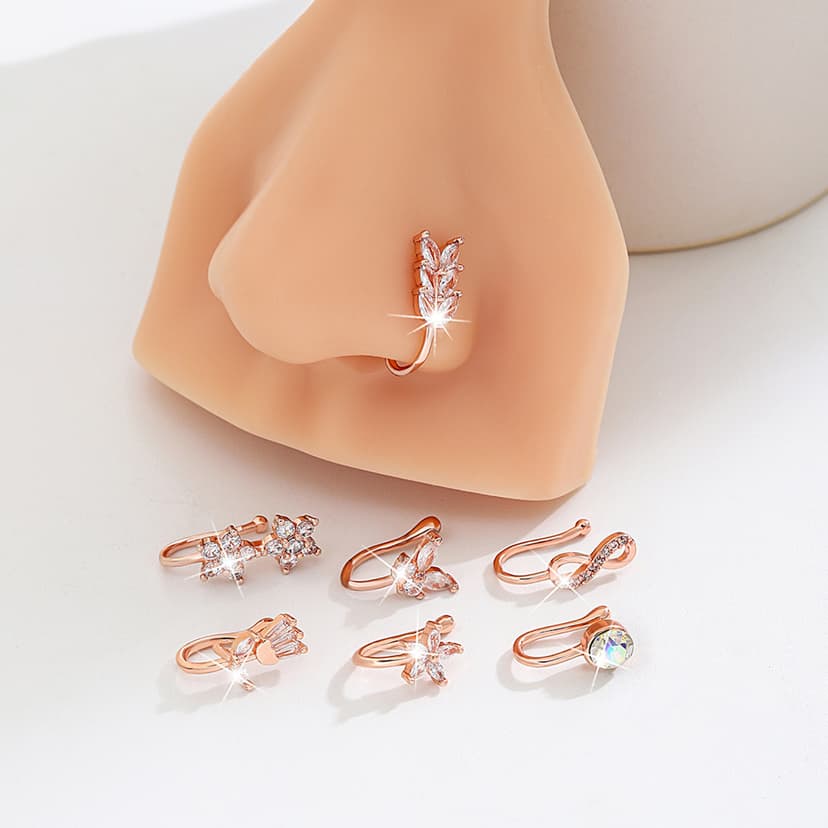 Cross-border simple exquisite diamond-studded leaves rose foreign trade jewelry nose nail European and American personality non-perforated U-shaped nose clip