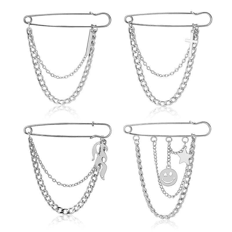South Korea ins Harajuku style cold style chain pin brooch trendy hip hop cross smiley face flame accessories