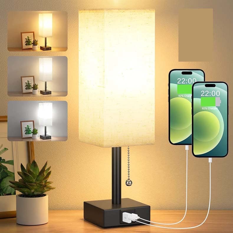 Cross-Border Exclusive Amazon Linen 90 Square Table Lamp with Zipper Switch, Three-Color Temperature Dimming, A+C USB Charging
